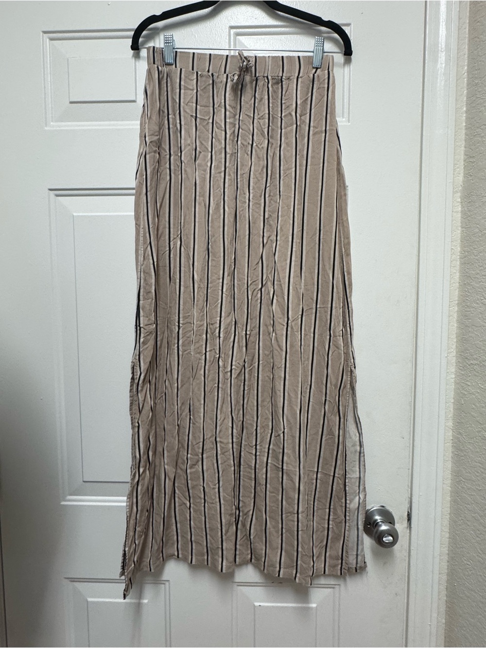 attention Beige Maxi Skirt with Black Vertical Stripes 0123